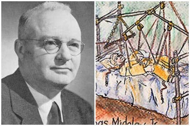 1944年，他被该装置中的滑轮绳索缠住，窒息而死，终年55岁。