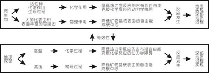 地质微生物与地质温压等效性作用的理论基础示意图