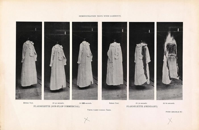 1910年，英国消防委员会展示了易燃的绒布料。图左为防火的服装，图右则为不防火衣物。不防火的衣服在六十秒之内便为火舌吞噬。 PHOTOGRAPH COURTES