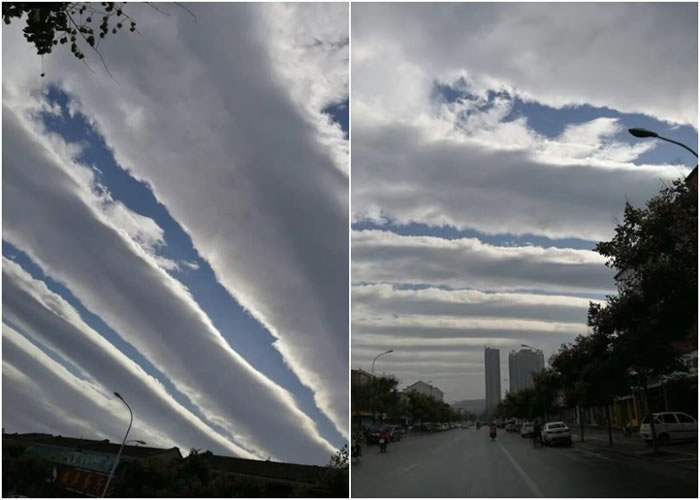 蓝天净空出现一段段的阶级状云层。