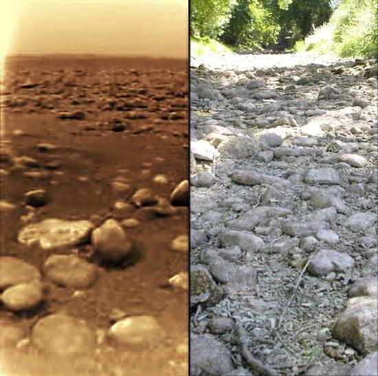 惠更斯号拍摄的土卫六表面（左）与地球上干涸的河道（右）非常相似。