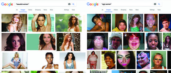 在谷歌图片上分别搜索漂亮的和丑陋的女性后的结果